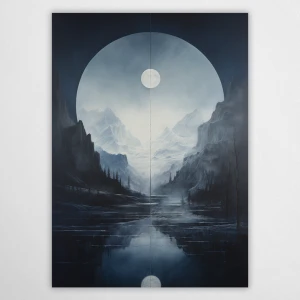Surrealistyczny obraz w chłodnych błękitach przedstawiający ośnieżone góry i las we mgle. Na środku widoczne symetryczne odbicie księżyca w tafli jeziora. Nowoczesna grafika ścienna do sypialni lub salonu w stylu minimalistycznym.