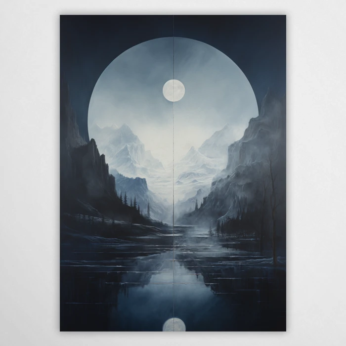 Surrealistyczny obraz w chłodnych błękitach przedstawiający ośnieżone góry i las we mgle. Na środku widoczne symetryczne odbicie księżyca w tafli jeziora. Nowoczesna grafika ścienna do sypialni lub salonu w stylu minimalistycznym.