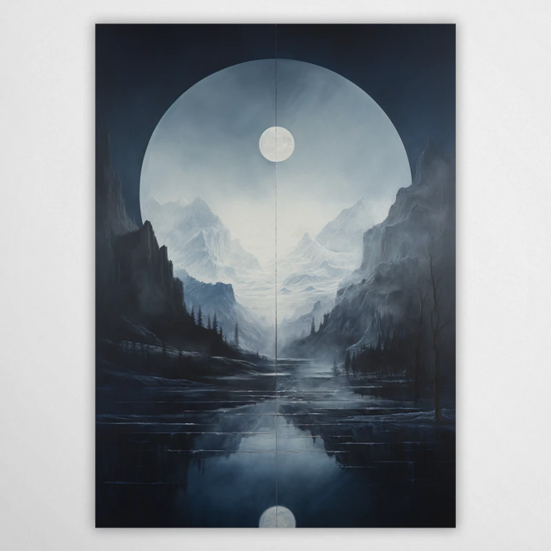 Surrealistyczny obraz w chłodnych błękitach przedstawiający ośnieżone góry i las we mgle. Na środku widoczne symetryczne odbicie księżyca w tafli jeziora. Nowoczesna grafika ścienna do sypialni lub salonu w stylu minimalistycznym.