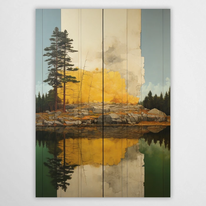 Artystyczny obraz na panelach przedstawiający jesienne drzewa nad wodą. Złote korony sosen i skalisty brzeg odbijają się w lustrzanej tafli jeziora. Dekoracja ścienna w ciepłych barwach, idealna do wnętrz skandynawskich i nowoczesnych.