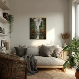 Surrealistyczna grafika z postacią idącą przez las ścieżką z luster. Wysokie drzewa iglaste i geometryczne odbicia tworzą głęboką perspektywę. Nowoczesny obraz na ścianę łączący motyw natury z abstrakcyjną formą i barwami ziemi.