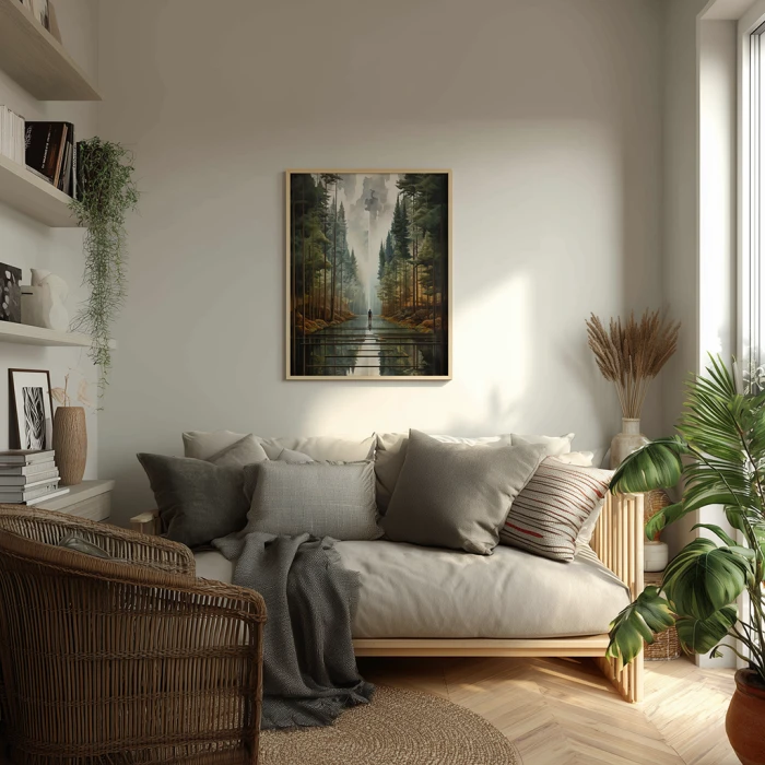 Surrealistyczna grafika z postacią idącą przez las ścieżką z luster. Wysokie drzewa iglaste i geometryczne odbicia tworzą głęboką perspektywę. Nowoczesny obraz na ścianę łączący motyw natury z abstrakcyjną formą i barwami ziemi.