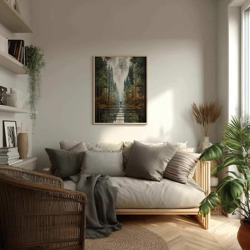 Surrealistyczna grafika z postacią idącą przez las ścieżką z luster. Wysokie drzewa iglaste i geometryczne odbicia tworzą głęboką perspektywę. Nowoczesny obraz na ścianę łączący motyw natury z abstrakcyjną formą i barwami ziemi.