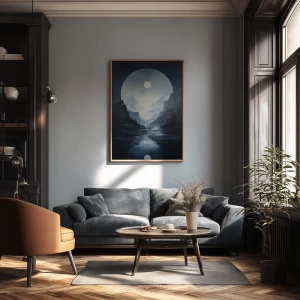 Surrealistyczny obraz w chłodnych błękitach przedstawiający ośnieżone góry i las we mgle. Na środku widoczne symetryczne odbicie księżyca w tafli jeziora. Nowoczesna grafika ścienna do sypialni lub salonu w stylu minimalistycznym.