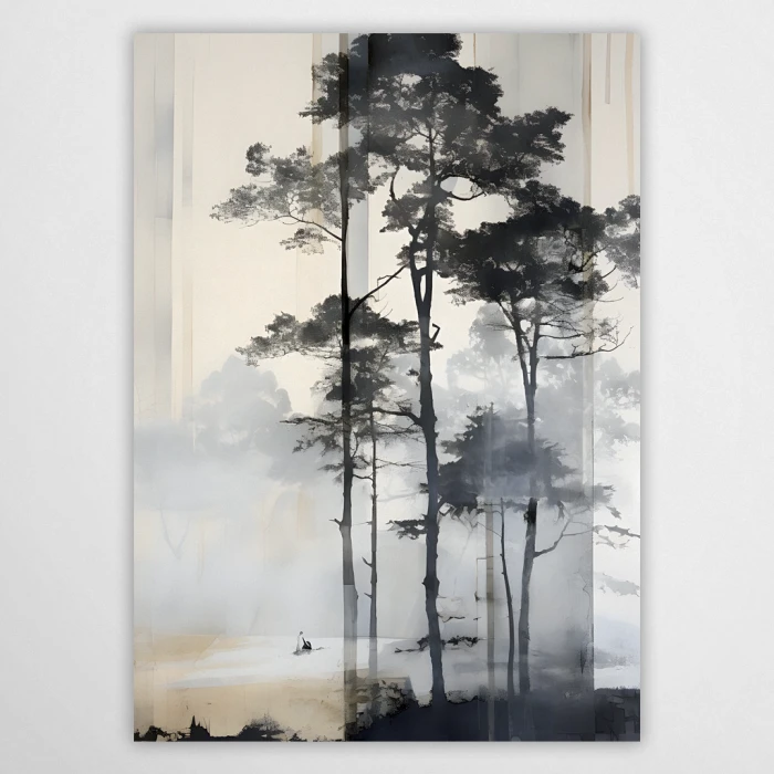 Nowoczesny plakat z motywem lasu we mgle. Wysokie, ciemne sylwetki sosen wyrastają z jasnej, gęstej mgły. U dołu ciemny fragment brzegu i rozmyta woda. Minimalistyczna grafika w chłodnej kolorystyce czerni i szarości do salonu lub sypialni.