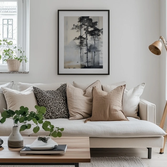 Nowoczesny plakat z motywem lasu we mgle. Wysokie, ciemne sylwetki sosen wyrastają z jasnej, gęstej mgły. U dołu ciemny fragment brzegu i rozmyta woda. Minimalistyczna grafika w chłodnej kolorystyce czerni i szarości do salonu lub sypialni.
