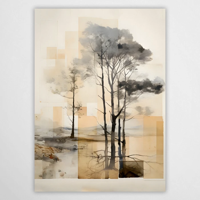 Abstrakcyjny plakat z sosnami nad wodą. Grafika łączy naturę z geometrią w formie beżowych i ochrowych bloków. Wyraźne odbicia pni drzew w lustrze wody na tle jasnej mgły. Artystyczna dekoracja ścienna w stylu skandynawskim i nowoczesnym.