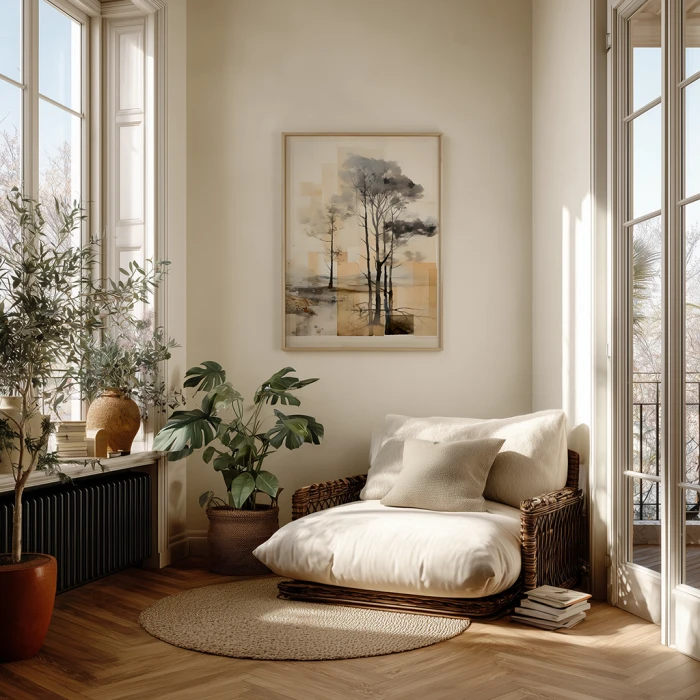 Abstrakcyjny plakat z sosnami nad wodą. Grafika łączy naturę z geometrią w formie beżowych i ochrowych bloków. Wyraźne odbicia pni drzew w lustrze wody na tle jasnej mgły. Artystyczna dekoracja ścienna w stylu skandynawskim i nowoczesnym.