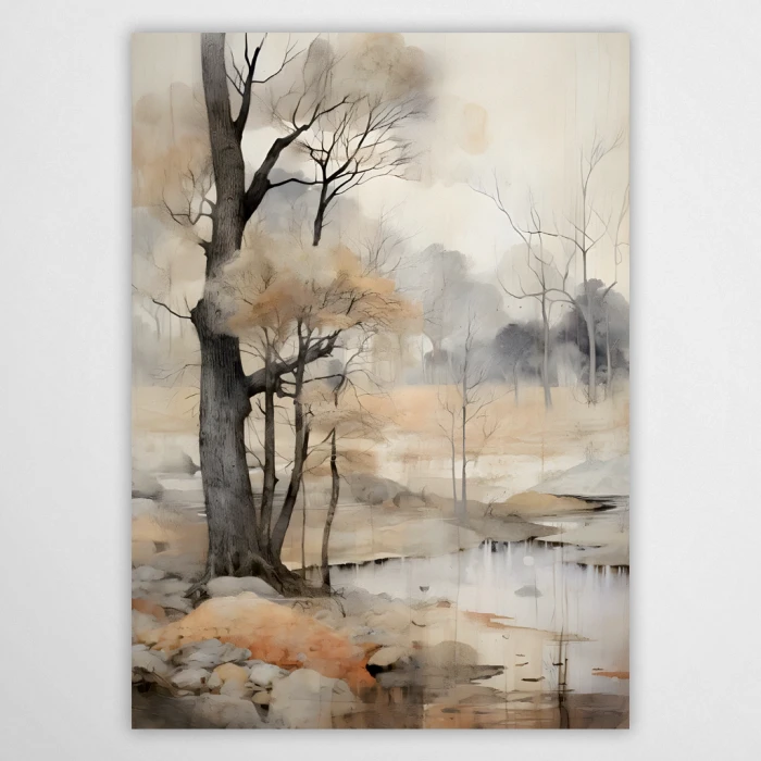 Artystyczny plakat z potężnym drzewem na skalistym brzegu. Widoczne rdzave głazy, ciemny pień i mglisty las w tle. Spokojna kompozycja z odbiciem w wodzie. Malarska grafika ścienna w naturalnych odcieniach beżu, pomarańczu i szarości.