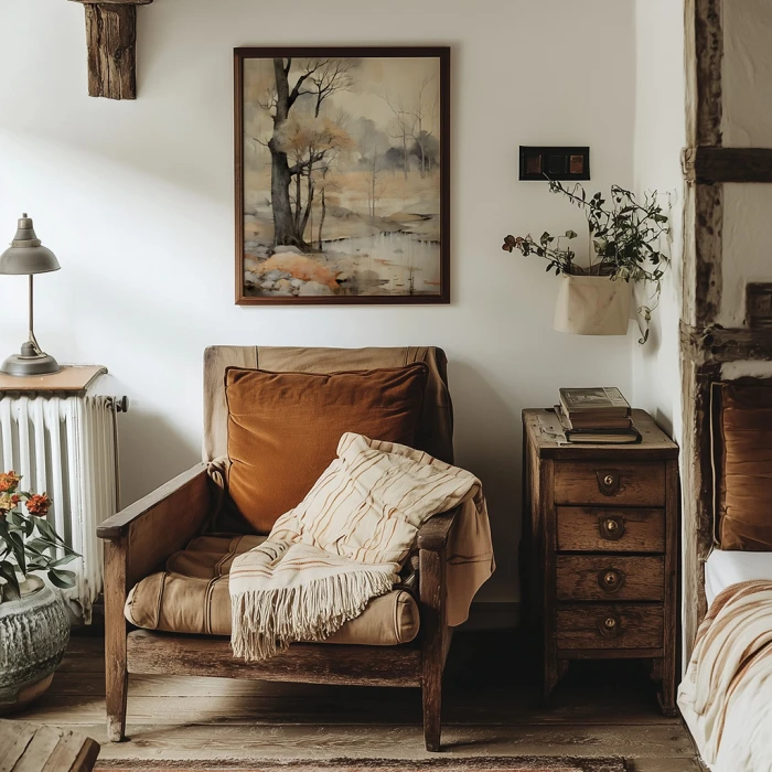 Artystyczny plakat z potężnym drzewem na skalistym brzegu. Widoczne rdzave głazy, ciemny pień i mglisty las w tle. Spokojna kompozycja z odbiciem w wodzie. Malarska grafika ścienna w naturalnych odcieniach beżu, pomarańczu i szarości.