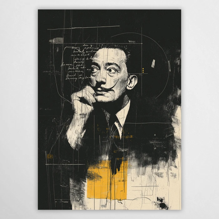Artystyczny plakat z portretem Salvadora Dalí w stylu kolażu. Czarno-biała grafika z charakterystycznym wąsem, ekspresyjnymi szkicami i żółtym akcentem kolorystycznym na ciemnym tle. Idealna dekoracja ścienna dla miłośników surrealizmu.