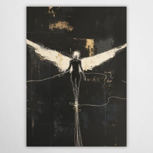 Inspiring "Light in the Void" poster by Kacper H. Kieć. A luminous, winged figure symbolizing hope and freedom. An elegant composition with warm, golden accents on a deep background, bringing peace and positive energy to any interior.