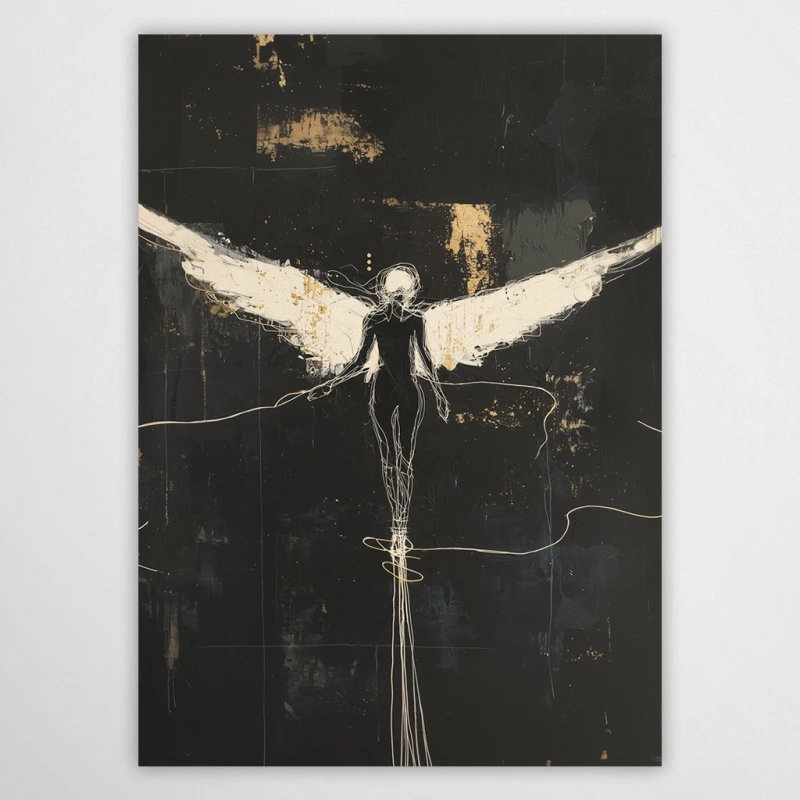 Inspiring "Light in the Void" poster by Kacper H. Kieć. A luminous, winged figure symbolizing hope and freedom. An elegant composition with warm, golden accents on a deep background, bringing peace and positive energy to any interior.
