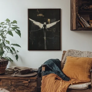 Inspirujący plakat Światło w próżni Kacpra H. Kieć. Świetlista, uskrzydlona postać symbolizująca nadzieję i wolność. Elegancka kompozycja z ciepłymi, złotymi akcentami na głębokim tle, niosąca spokój i pozytywną energię do każdego wnętrza.