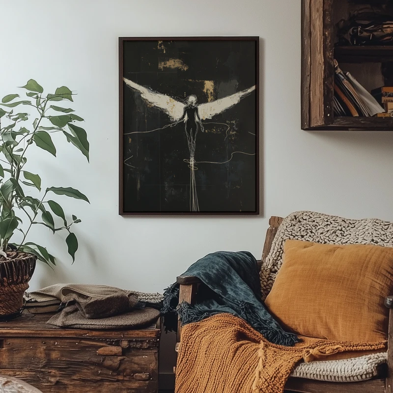 Inspirujący plakat Światło w próżni Kacpra H. Kieć. Świetlista, uskrzydlona postać symbolizująca nadzieję i wolność. Elegancka kompozycja z ciepłymi, złotymi akcentami na głębokim tle, niosąca spokój i pozytywną energię do każdego wnętrza.