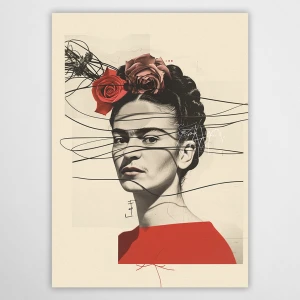 Artystyczny plakat z portretem Fridy Kahlo w stylu nowoczesnego kolażu. Grafika łączy czarno-biały portret z żywymi czerwonymi różami i dynamicznymi liniami na jasnym tle. Stylowa dekoracja ścienna dla wielbicieli sztuki i meksykańskiej ikony.