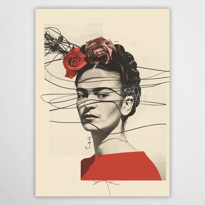 Artystyczny plakat z portretem Fridy Kahlo w stylu nowoczesnego kolażu. Grafika łączy czarno-biały portret z żywymi czerwonymi różami i dynamicznymi liniami na jasnym tle. Stylowa dekoracja ścienna dla wielbicieli sztuki i meksykańskiej ikony.