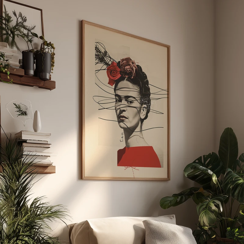 Artystyczny plakat z portretem Fridy Kahlo w stylu nowoczesnego kolażu. Grafika łączy czarno-biały portret z żywymi czerwonymi różami i dynamicznymi liniami na jasnym tle. Stylowa dekoracja ścienna dla wielbicieli sztuki i meksykańskiej ikony.
