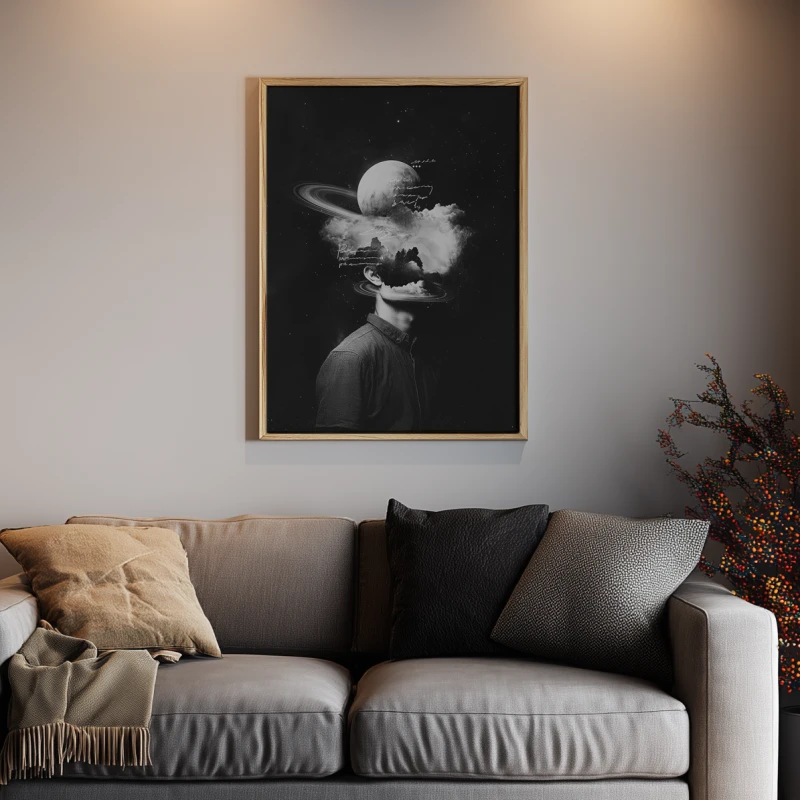 Surrealistyczny plakat czarno-biały przedstawiający postać mężczyzny, którego głowa przechodzi w kosmiczny krajobraz z planetą, pierścieniami Saturna i chmurami. Nowoczesna grafika ścienna w stylu minimalistycznym, idealna do salonu lub biura.