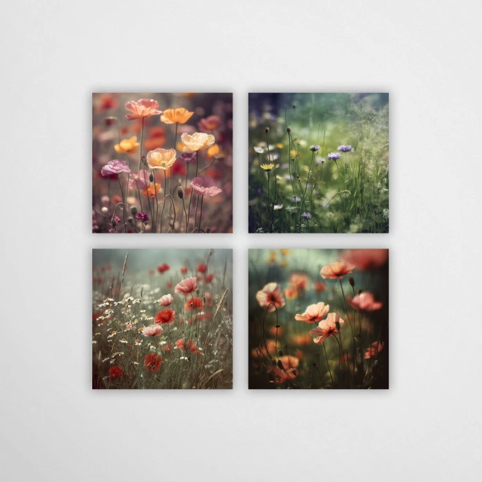Zestaw 4 mini plakatów Szepty Polne 15x15 cm. My postawiliśmy na nastrojowe ujęcia maków i polnych kwiatów w stylu boho. Wydruki na papierze plakatowym cechuje miękki fokus i ciepłe barwy, idealne do osobistej galerii ściennej pełnej spokoju natury.