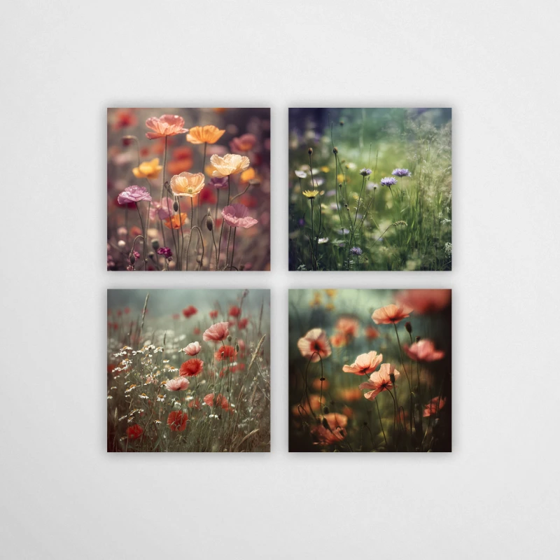 Zestaw 4 mini plakatów Szepty Polne 15x15 cm. My postawiliśmy na nastrojowe ujęcia maków i polnych kwiatów w stylu boho. Wydruki na papierze plakatowym cechuje miękki fokus i ciepłe barwy, idealne do osobistej galerii ściennej pełnej spokoju natury.