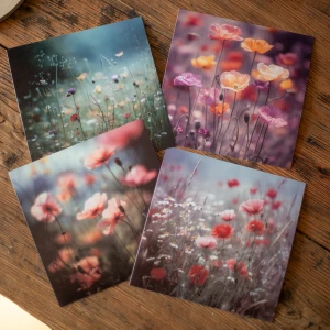 Zestaw 4 mini plakatów Szepty Polne 15x15 cm. My postawiliśmy na nastrojowe ujęcia maków i polnych kwiatów w stylu boho. Wydruki na papierze plakatowym cechuje miękki fokus i ciepłe barwy, idealne do osobistej galerii ściennej pełnej spokoju natury.