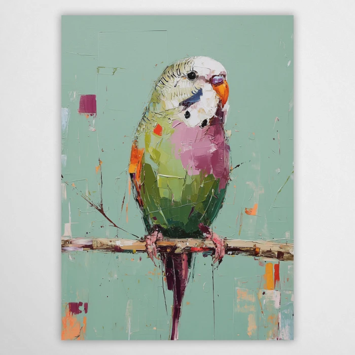 Artystyczny plakat ze zwierzętami przedstawiający papugę falistą w stylu malarstwa impasto. Nowoczesna grafika na ścianę do salonu i sypialni. Kolorowa dekoracja ścienna z teksturą farby na miętowym tle, idealna do wnętrz boho i modern classic.