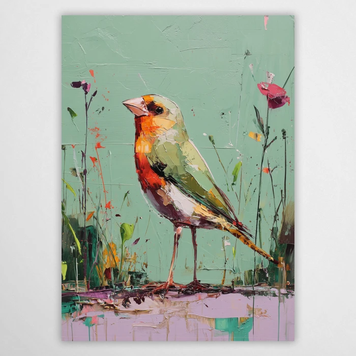 Artystyczny plakat ze zwierzętami przedstawiający szczygła w technice impasto. Nowoczesna grafika na ścianę do salonu z wyraźną teksturą farby. Kolorowy ptak na miętowym tle, idealny jako dekoracja ścienna w stylu boho, vintage i modern classic.