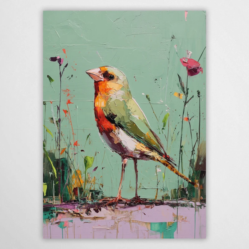 Artystyczny plakat ze zwierzętami przedstawiający szczygła w technice impasto. Nowoczesna grafika na ścianę do salonu z wyraźną teksturą farby. Kolorowy ptak na miętowym tle, idealny jako dekoracja ścienna w stylu boho, vintage i modern classic.