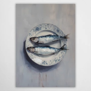 Stylowy plakat do kuchni przedstawiający dwie ryby na ozdobnym talerzu. Martwa natura w malarskim stylu doda wnętrzu śródziemnomorskiego charakteru i elegancji. Idealna dekoracja ścienna do jadalni lub restauracji. Wysoka jakość druku i detali.