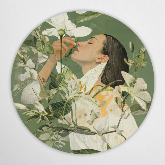 Obraz okrągły z ilustracją botaniczną i portretem, styl artystyczny.