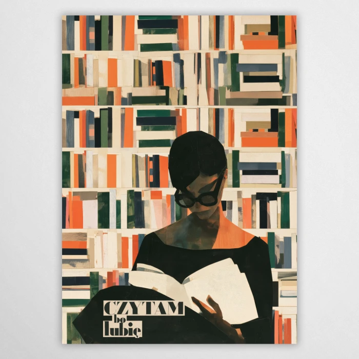 Plakat czytam bo lubię - do biblioteczki z motywem książek w kolorach terakoty i zieleni
