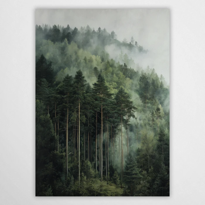 Plakat z zielonym lasem iglastym we mgle, minimalistyczny pejzaż do sypialni.