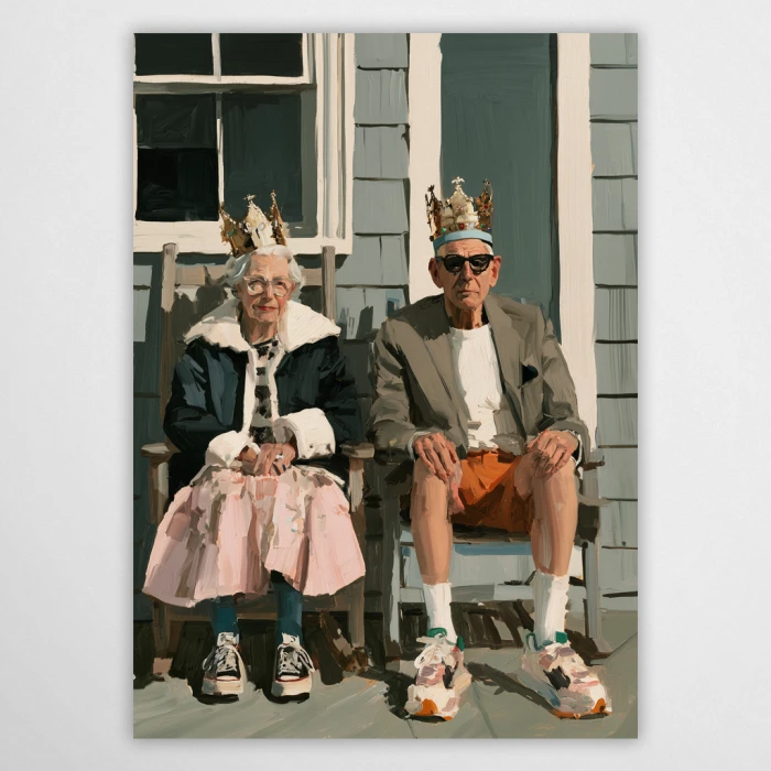 Plakat z parą seniorów w koronach na werandzie, humorystyczny portret do salonu.