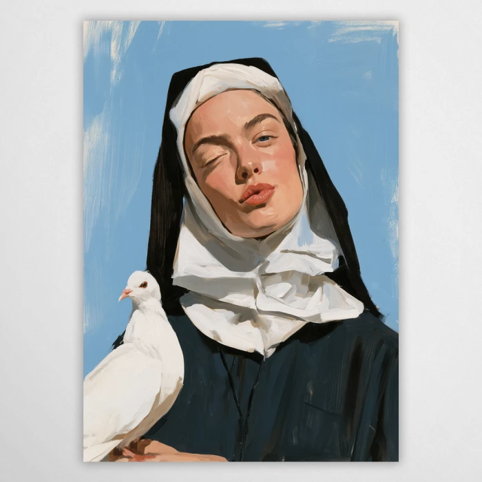 Plakat malarski z zakonnicą z białym gołębiem na niebieskim tle, portret z przymrużeniem oka.